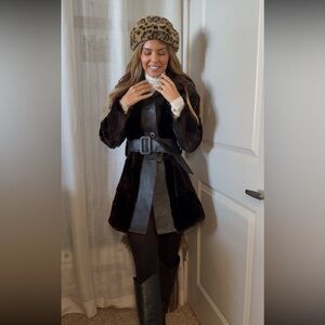 Vintage 70s Tolchinsky Brown Fur & Black Leather Trench Coat Belted Boho Jacket